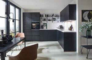Nobilia Dark Wood L Shaped Handleless Kitchen 2021 2 | Kutchenhaus, Guildford